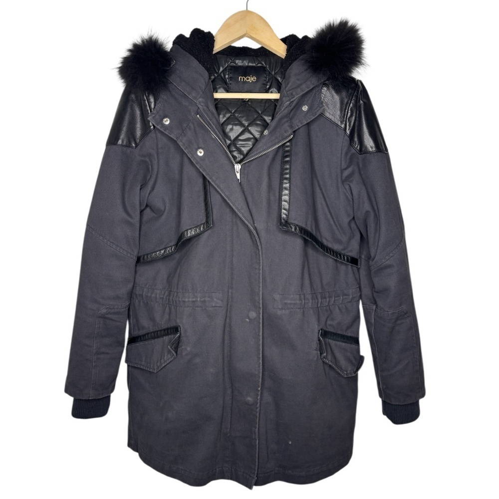 Maje | Black Parka Coat | Removable Fur Hood & Quilted Liner | Size 2 (Small)
